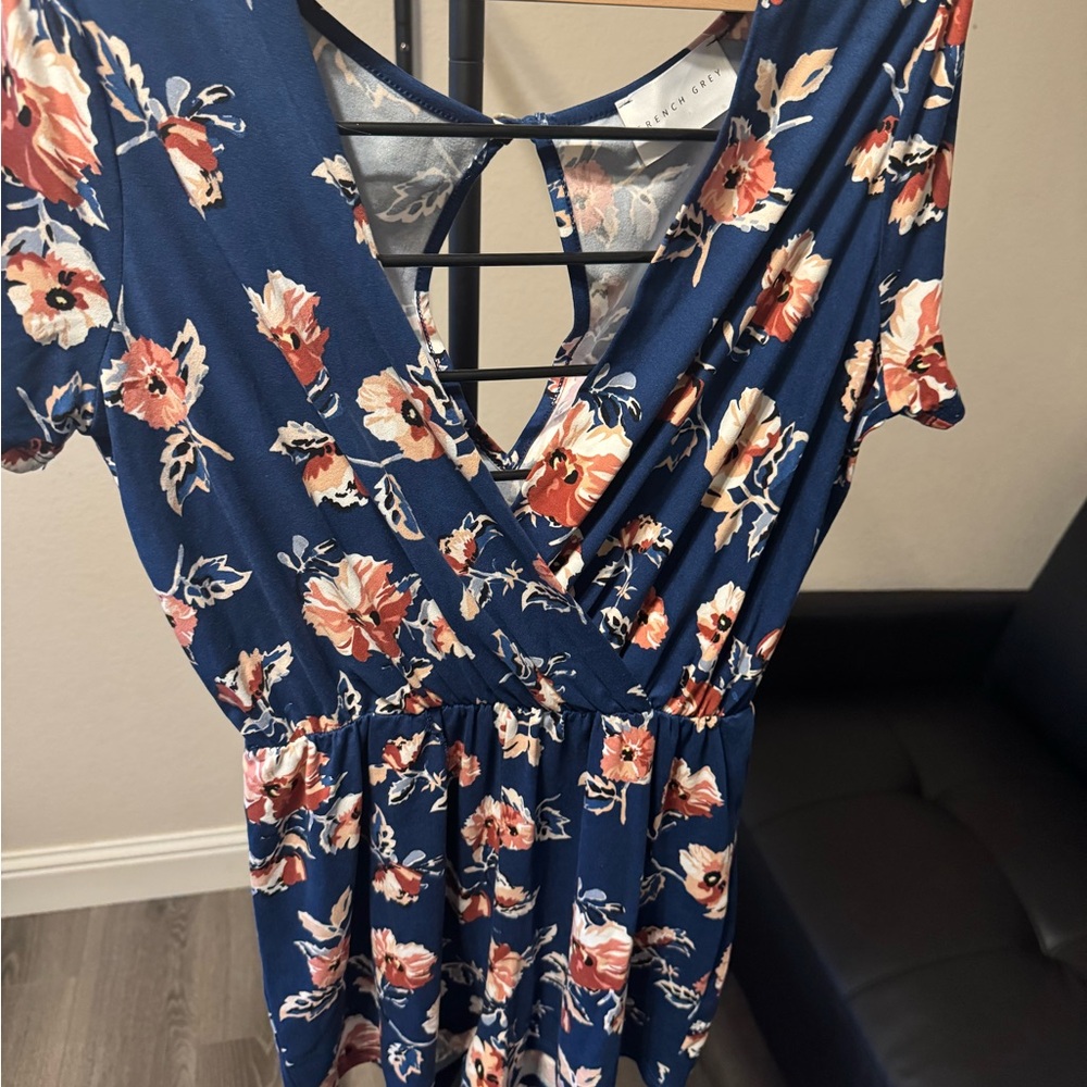 French Grey Floral Jumpsuit - Navy and Peach